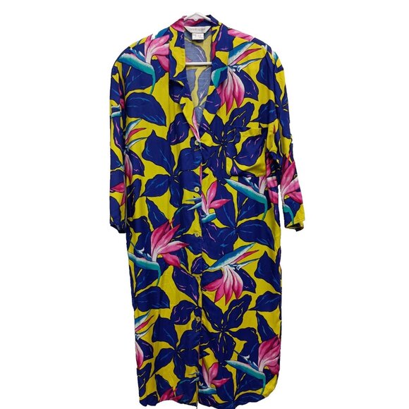 VTG 80s Paula Saker Dress Womens Size 14 Floral Colorful Tropical Midi - Picture 1 of 10